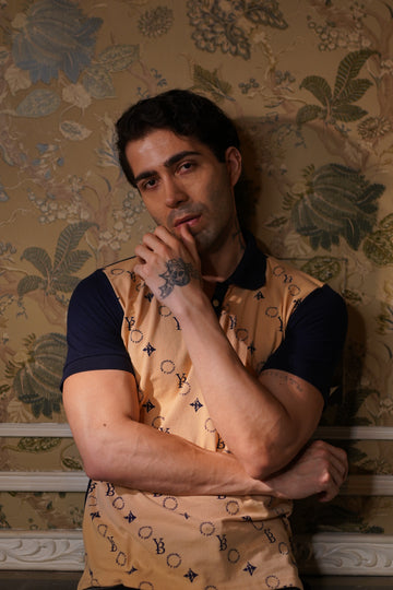 Iconic Imprint Polo – Beige & Navy Blue Cotton T-shirt for Men