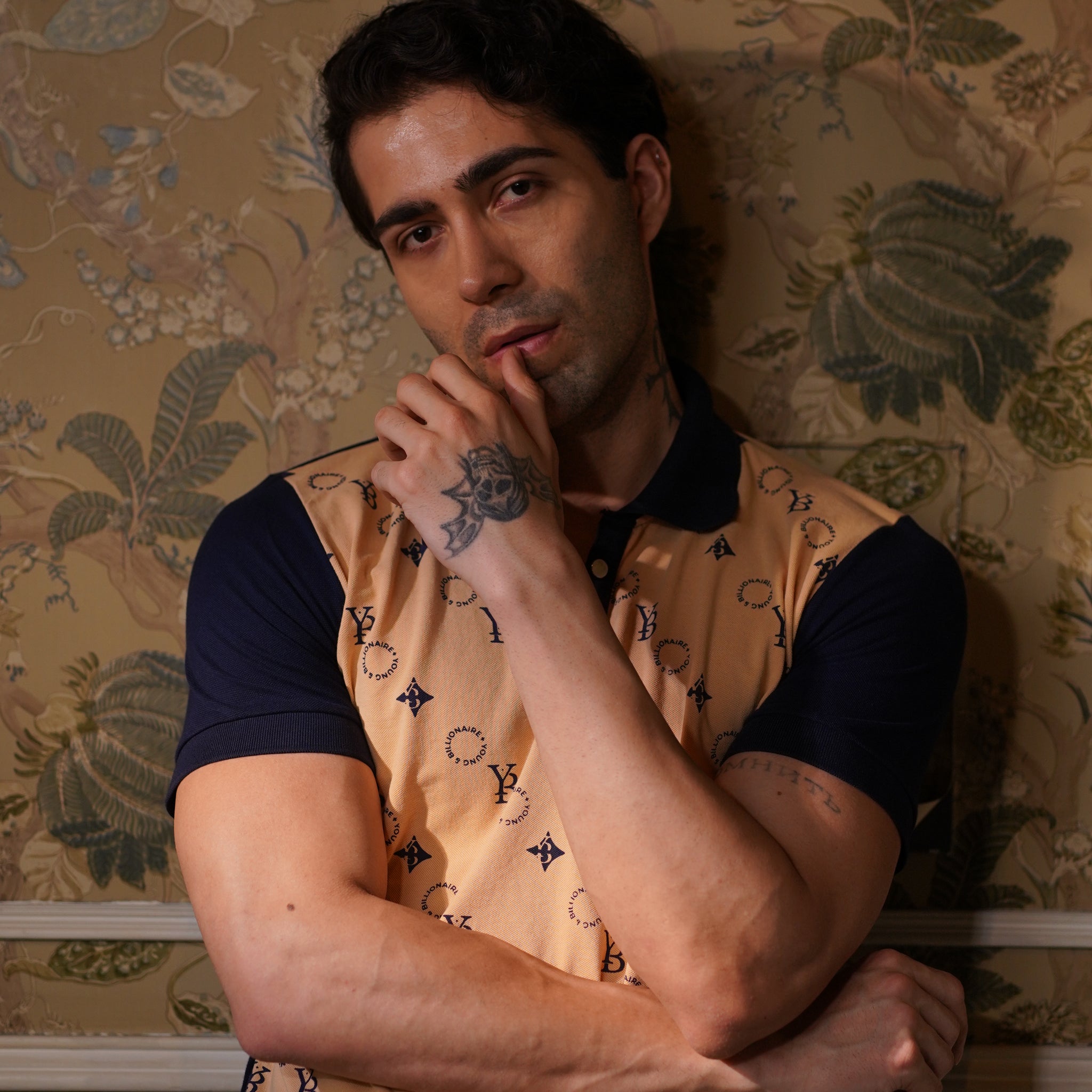 Iconic Imprint  Polo – Beige &  Navy Blue  Cotton T-shirt  for Men