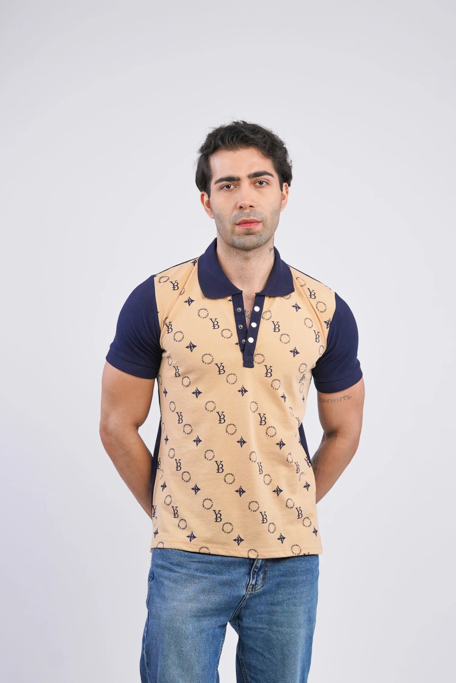 Iconic Imprint  Polo – Beige &  Navy Blue  Cotton T-shirt  for Men