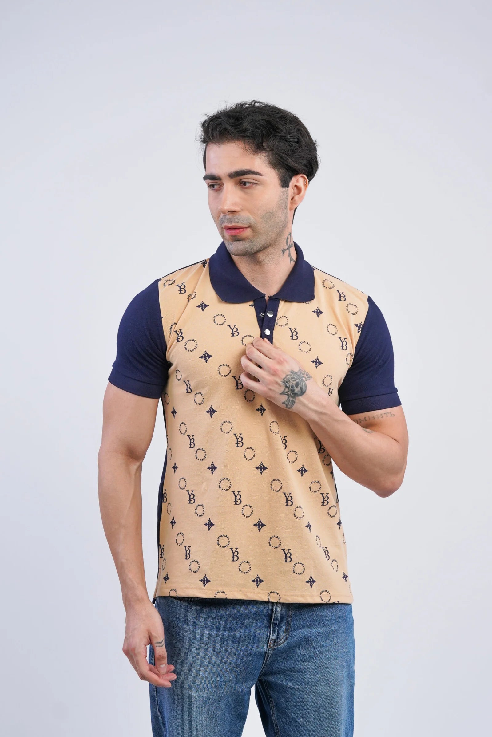 Iconic Imprint  Polo – Beige &  Navy Blue  Cotton T-shirt  for Men