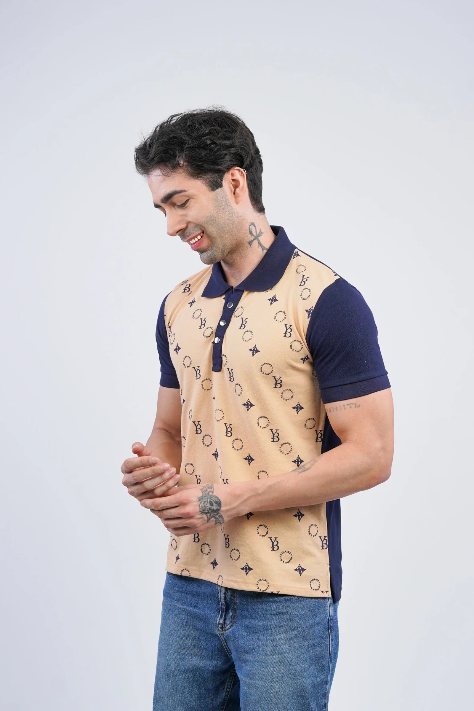 Iconic Imprint  Polo – Beige &  Navy Blue  Cotton T-shirt  for Men