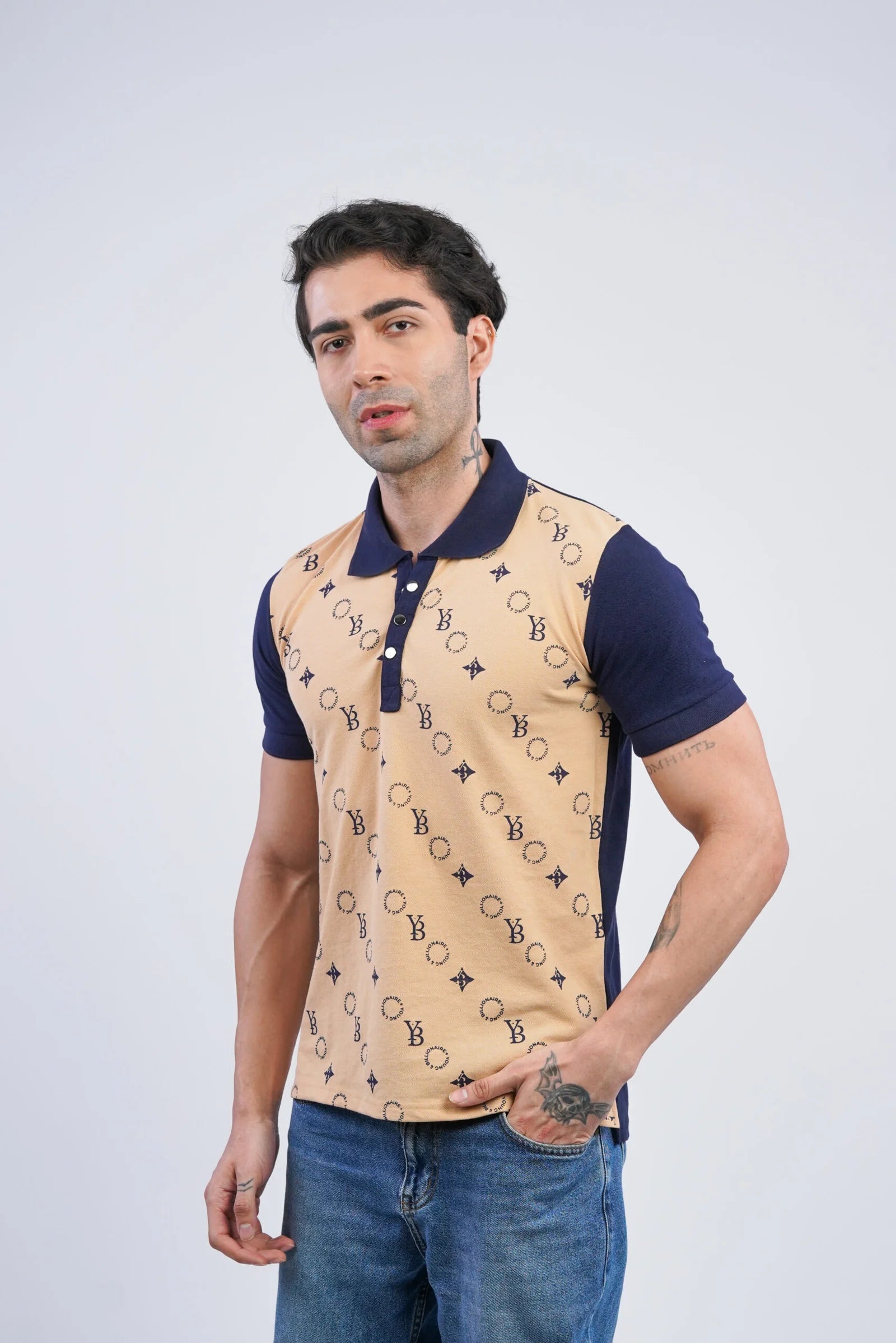 Iconic Imprint  Polo – Beige &  Navy Blue  Cotton T-shirt  for Men