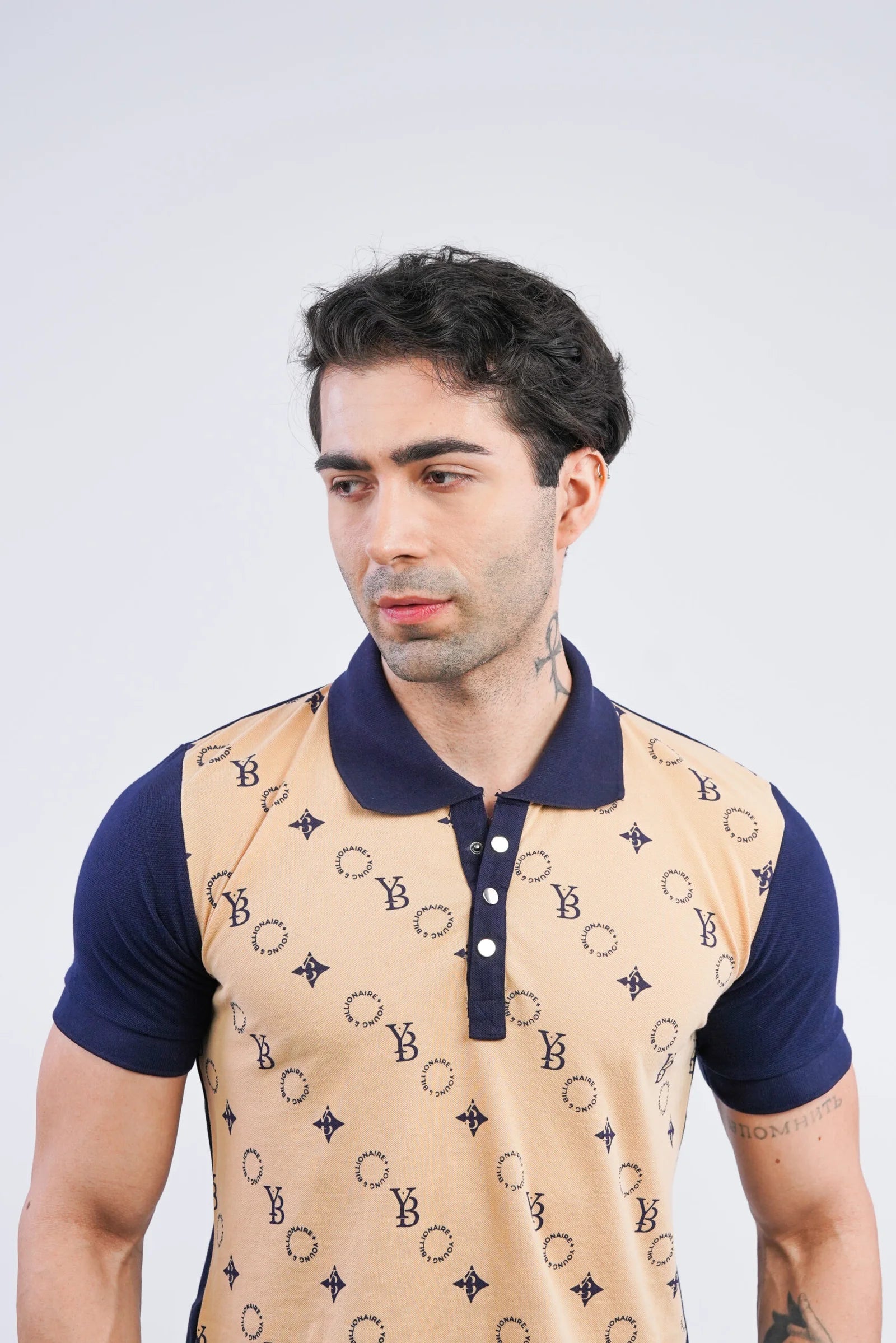 Iconic Imprint  Polo – Beige &  Navy Blue  Cotton T-shirt  for Men