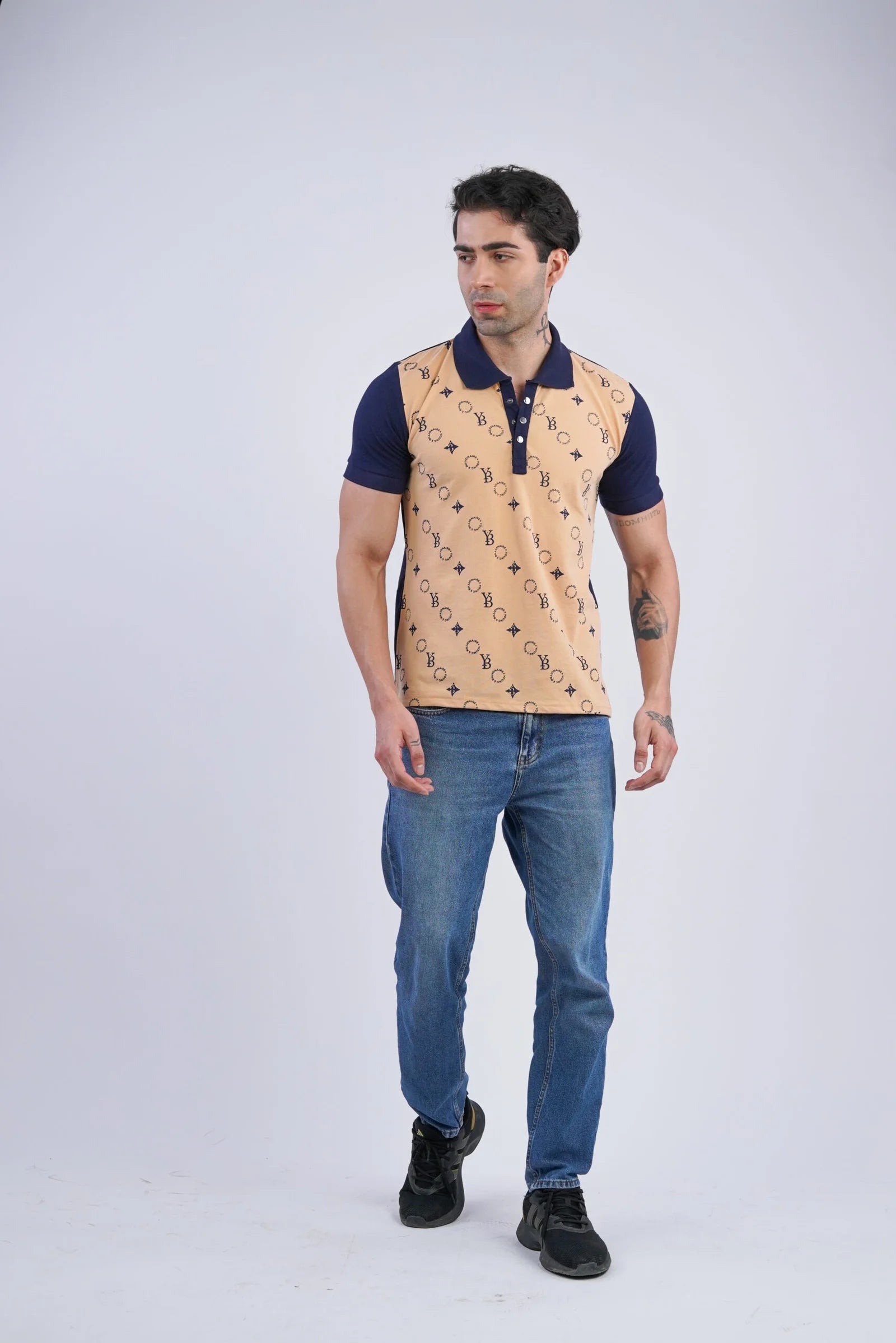 Iconic Imprint  Polo – Beige &  Navy Blue  Cotton T-shirt  for Men